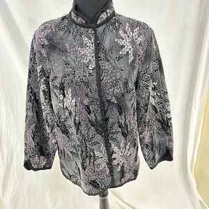 Coldwater Creek size Large Elegant Black Jacket brocade print reversible silver
